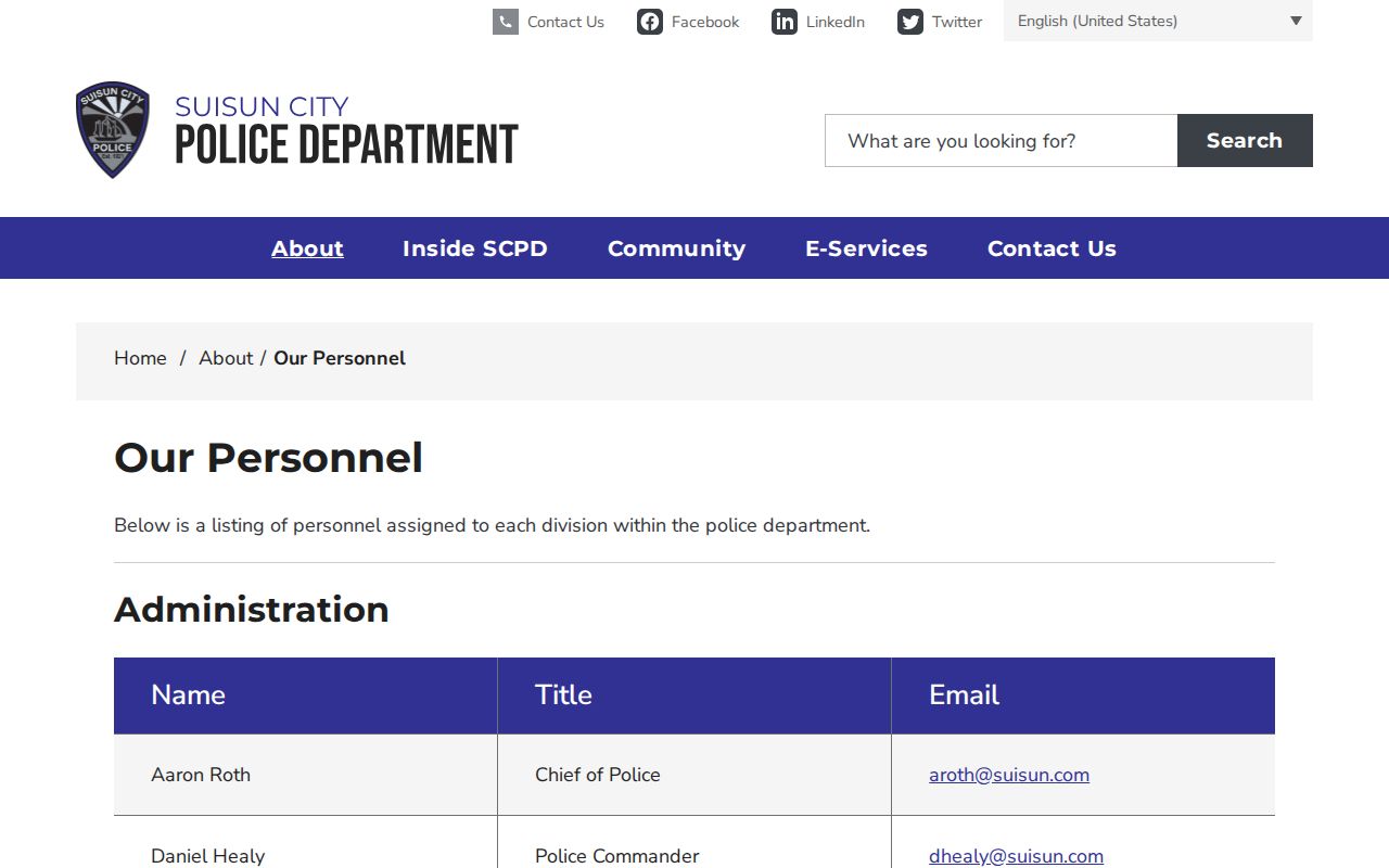 Suisun City people directories police personnel roster