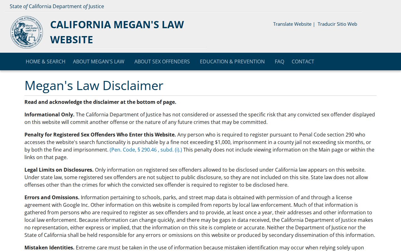 Suisun City public records disclosure notice on California Megan's Law search