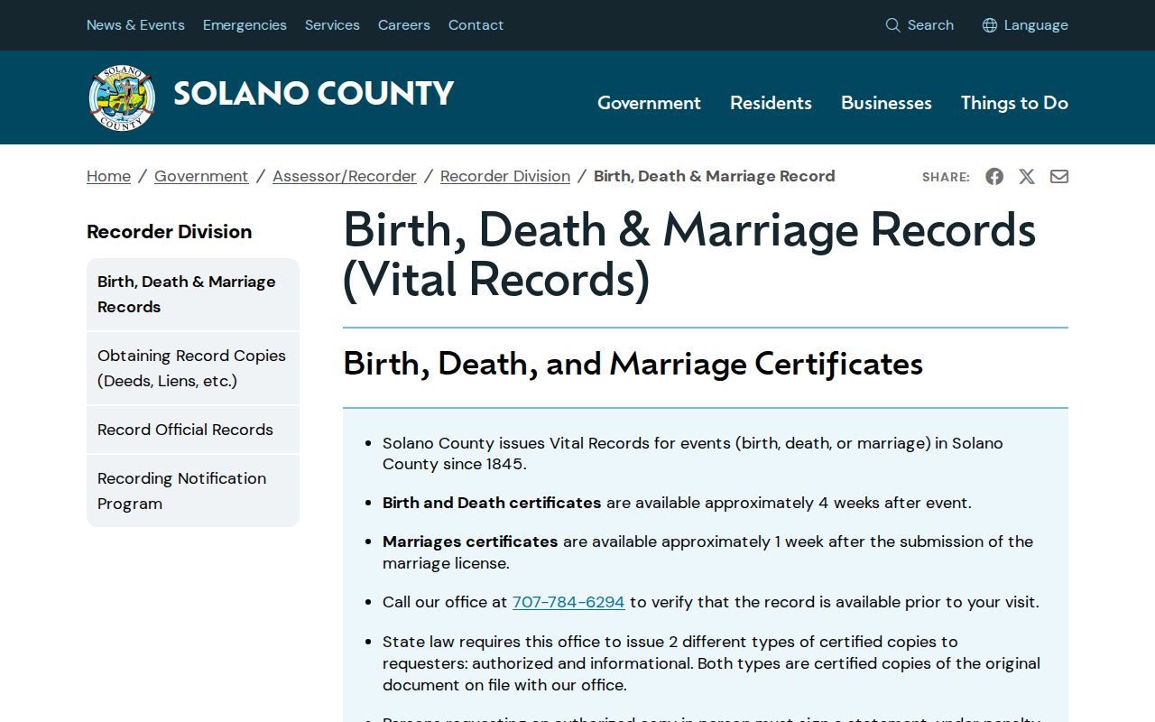 Suisun City public records route for Solano birth death and marriage certificates